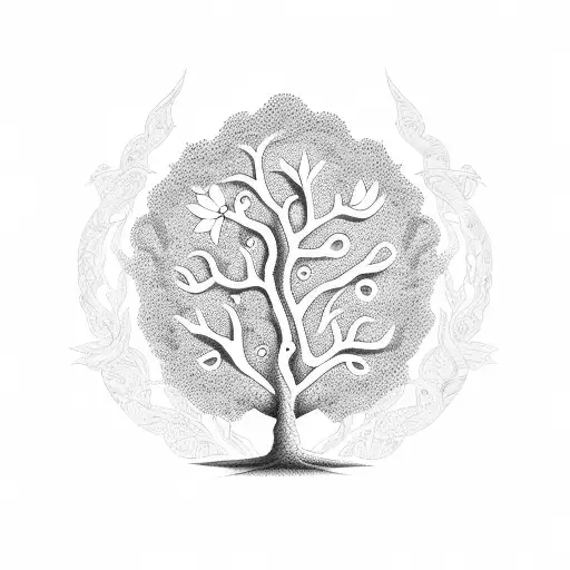 A Black And Grey Dotwork Piece Of A Tree Of Life With Flowers Representing Different Family Members
