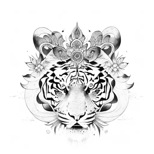 A Fierce Tiger Surrounded By Intricate Floral Patterns And Dragon Motifs