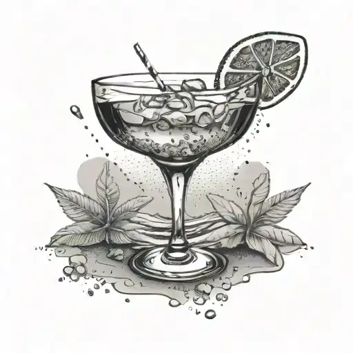 A Detailed Illustration Of A Classic Cocktail Glass With A Beach Scene Inside