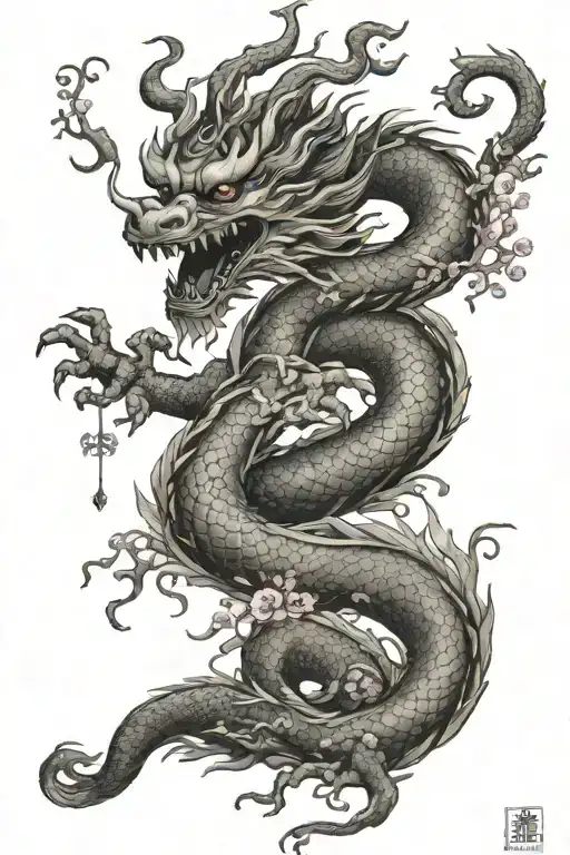 Chinese Dragon With Sakura Tree