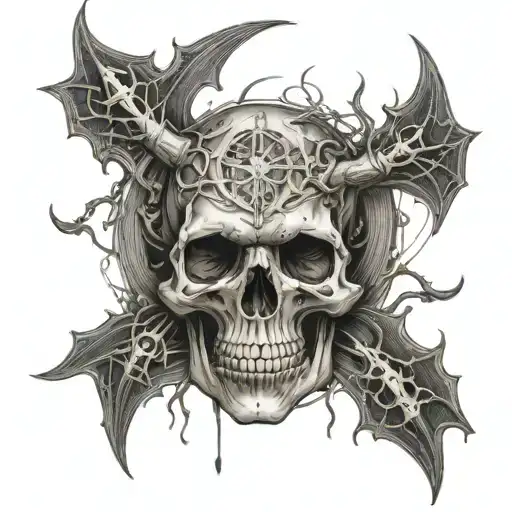 Skull With Veins And Mystical Devil Symbols