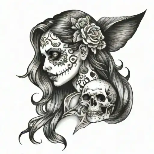 Topless Woman With Skull Head And A Skirt Bottom