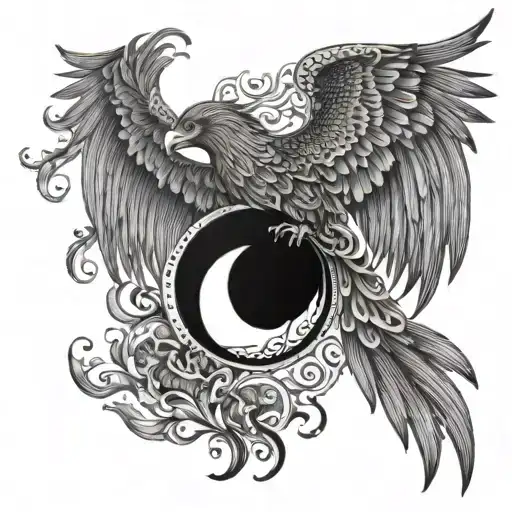 Phoenix Rising With Yin And Yang And A Sun