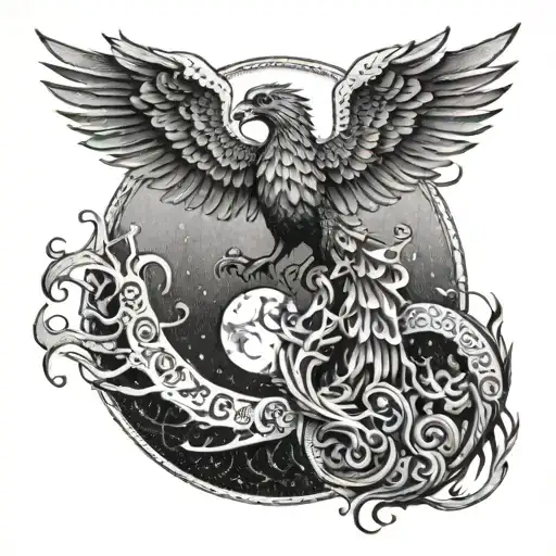 Phoenix Rising With Yin And Yang And A Sun And Moon