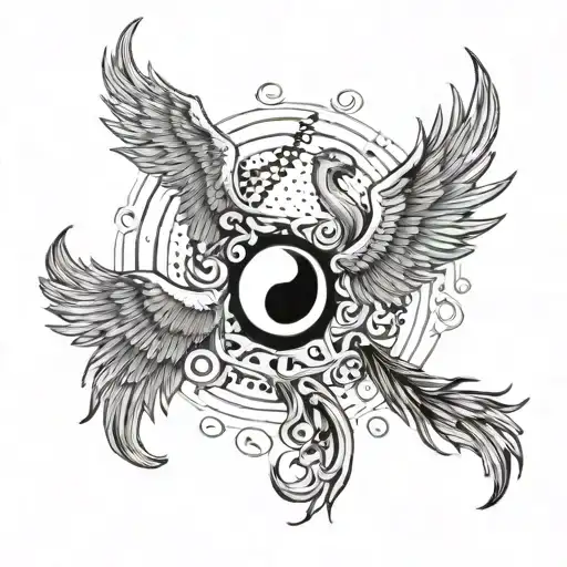 Phoenix Gemini Tattoo That Comes Out Of The Yin And Yang Symbol And Rises Towards The Sun And Light