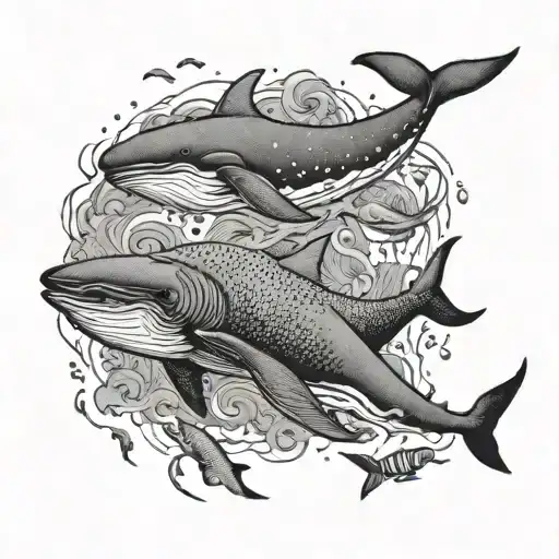 A Majestic Whale And Shark Swimming Together In A Sea Of Fish