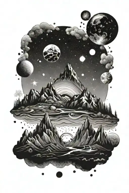 A Mountain Landscape With A Family Of Planets In The Sky