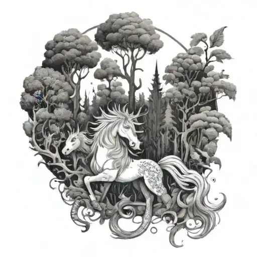 A Mystical Forest With Anime-inspired Creatures Like Unicorns And Dragons