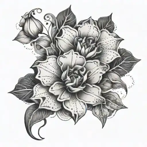 Floral Peice With Sketch Architectural Patterns And Dotwork Behind It