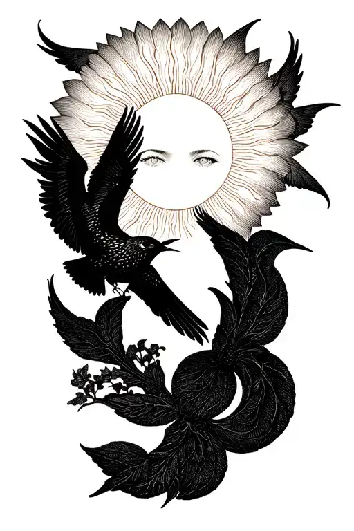 Feminine Sun With Starling Flying Below