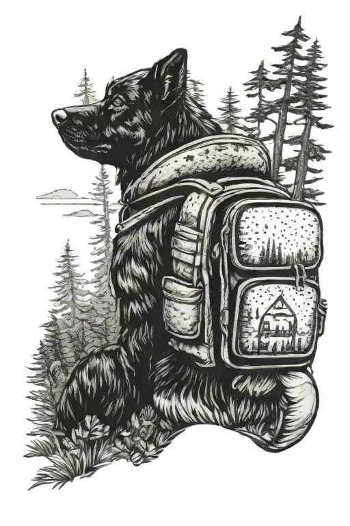 A Dog Wearing A Traveler's Backpack Exploring A Forest