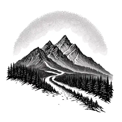 An Intricate Dotwork Tattoo Of A Trail Winding Through A Mountain Landscape