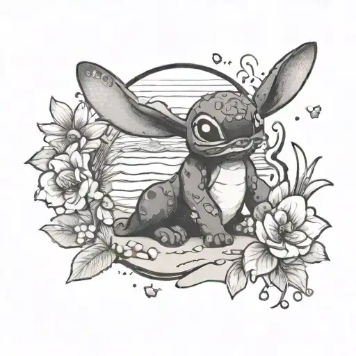 A Beach Scene With Lilo And Stitch Playing In The Sand Surrounded By Flowers