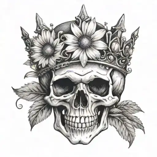 A Dotwork Tattoo Of A Skull Wearing A Crown Of Daisies