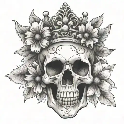 A Dotwork Tattoo Of A Skull Wearing A Crown Of Daisies