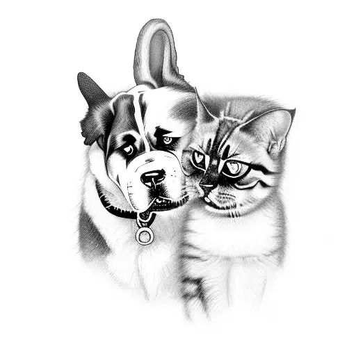 Saint Bernard Dog And Blonde Cat In Color