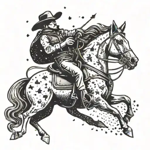 A Dotwork Tattoo Of A Cowboy Riding A Horse With The Gemini Constellation As The Night Sky