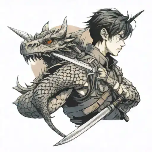 An Anime-inspired Military Soldier Wielding A Sword With A Dragon In The Background