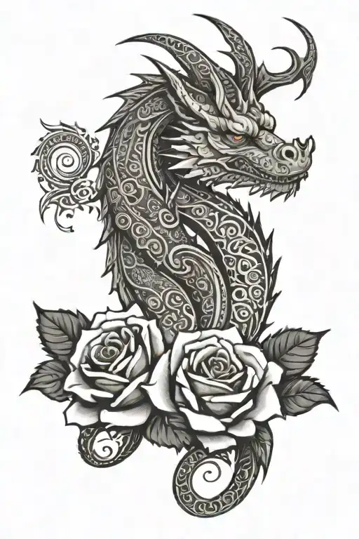 A Tribal Dragon With Red Roses In The Background