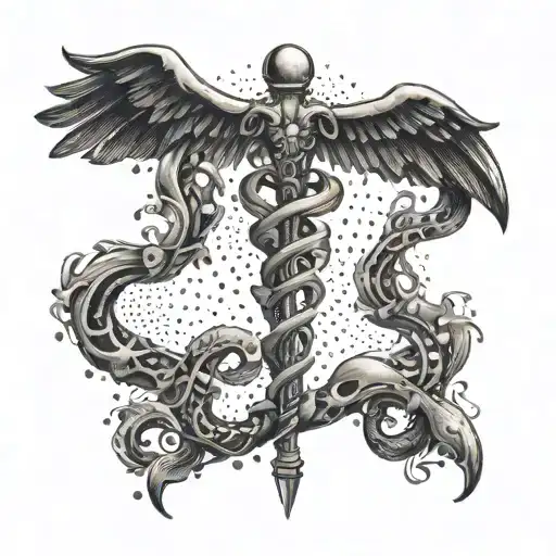 An Intricate Caduceus Symbol Incorporating Elements Of Dotwork