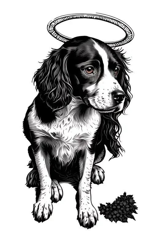 Demon Brittany Spaniel With Halo Sitting On Rhubarb