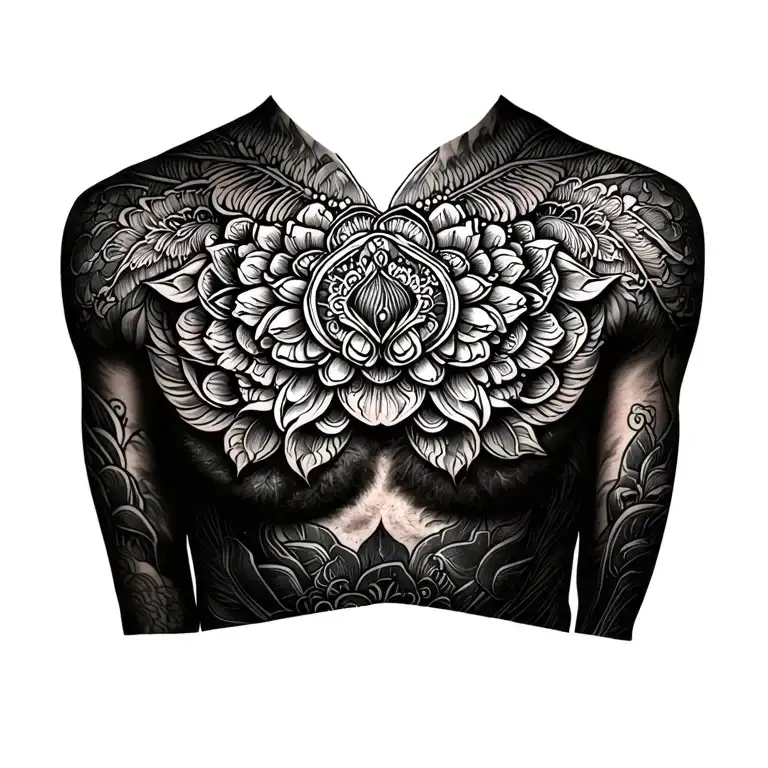 Big Mandala And Polynasian Tattoo For On A Chest Male