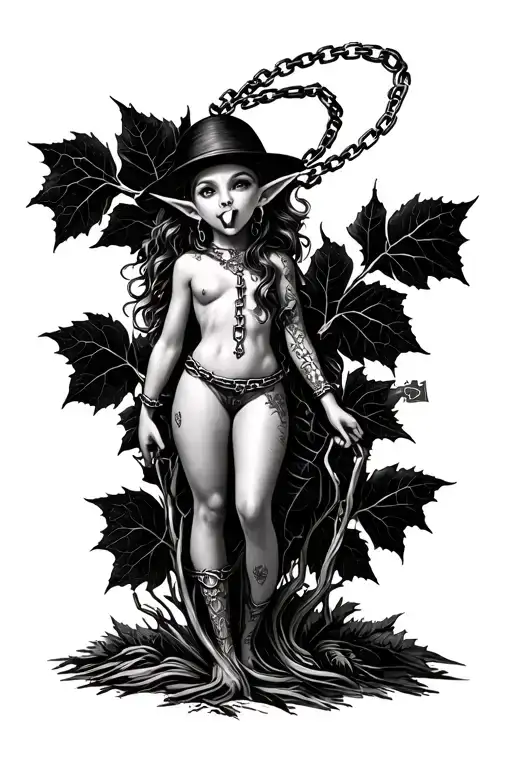 Black&white Female Elf Miniature No Hat In Chains Tongue Out With Halo Standing On Rhubarb Leave