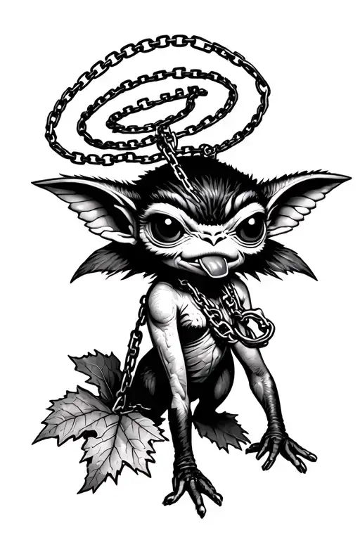 Black&white Female Gremlin Miniature No Hat In Chains Tongue Out With Halo Standing On Rhubarb Leave