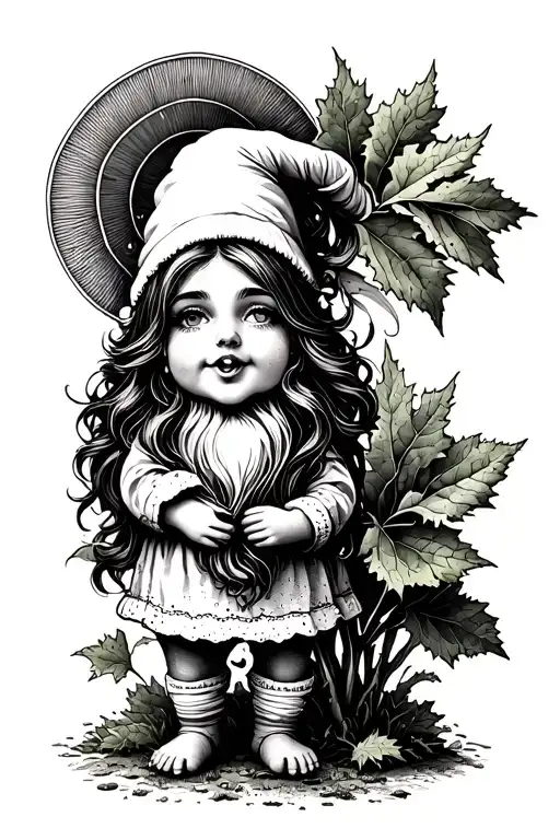 Black&white Female Gnome Miniature No Hat Tongue Out With Halo Standing On Rhubarb Leave