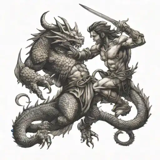 A Mythical Warrior Fighting A Dragon In An Epic Showdown
