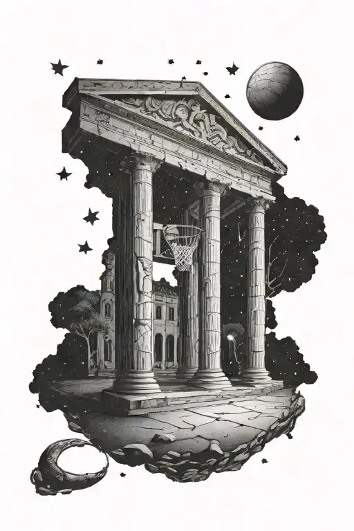 A Basketball Court Surrounded By Ancient Roman Pillars Under A Starry Sky