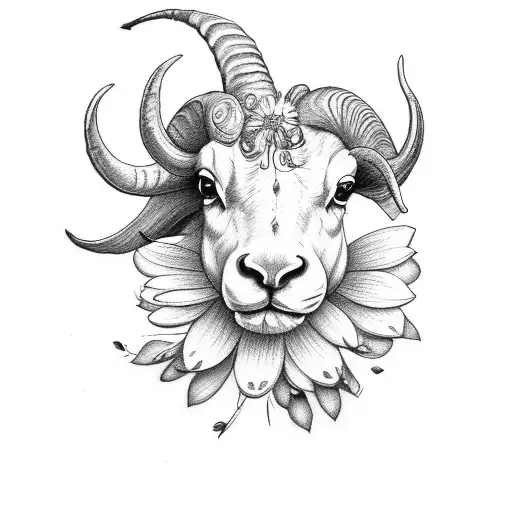 Ram Head Curled Horns With Daisy Flowers