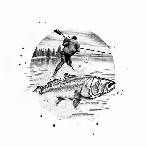 Black And Gray Shadow Shilloette Of Heavy Set Man Fishing From Pond Bank