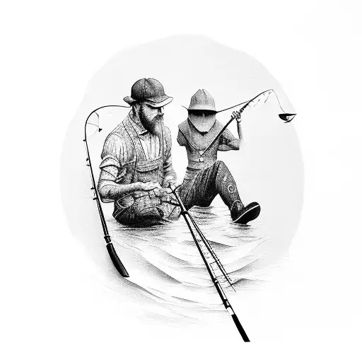 Black And Gray Shadow Shilloette Of A Man Fishing From Pond Bank