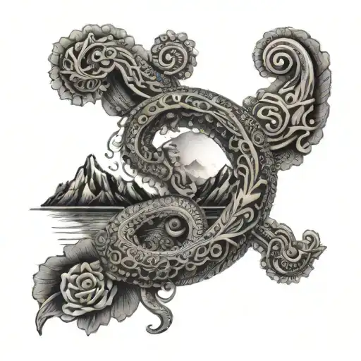 An Intricate Design Incorporating The Rod Of Asclepius With A Mountain And Lake Motif