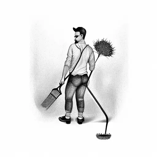 A Man Removing Weeds With A Rake Showing His Back In All Black
