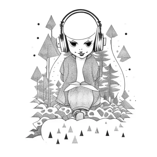 A Tattoo Of A Child Sitting In A Forest Surrounded By Music And Trees