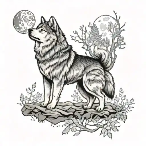 Chow Chow And Husky Howling At The Moon In A Mystical Forest