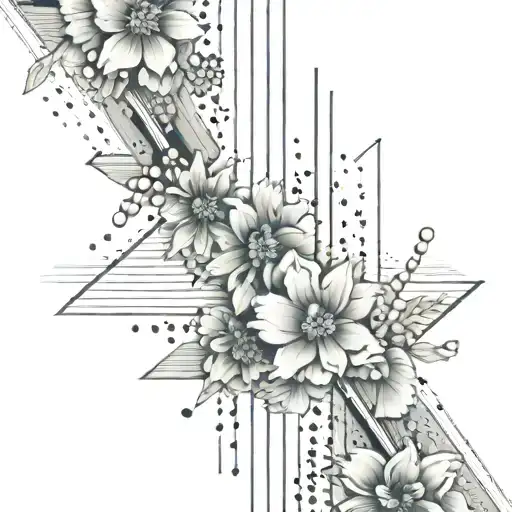 Abstract Architectural Lines With Flowers And North Arrow