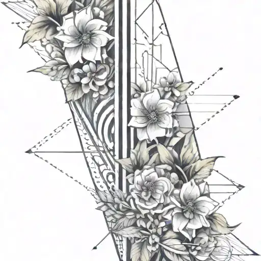 Abstract Architectural Lines With Flowers And North Arrow