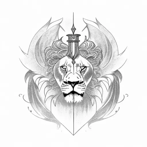 Long Sword On The Back With Lion Half Face On The Left Side And Wings On Both Sides