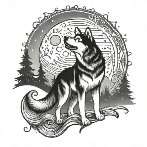 Majestic Husky Howling At The Moon In A Mystical Forest Setting
