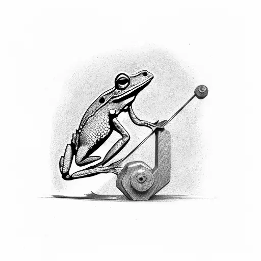 Thin Frog Stretching Upwards Lifting A Barbell With Its Left Hand
