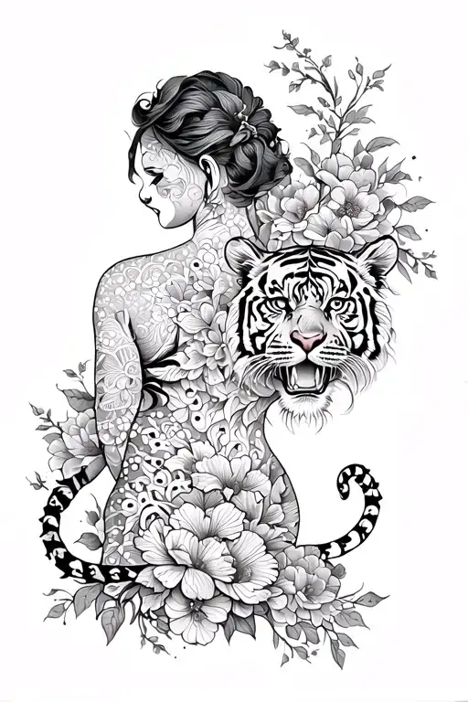 A Big Back Tattoo With Blossoms And A Small Tiger With Flowers Leading Up To The Arm