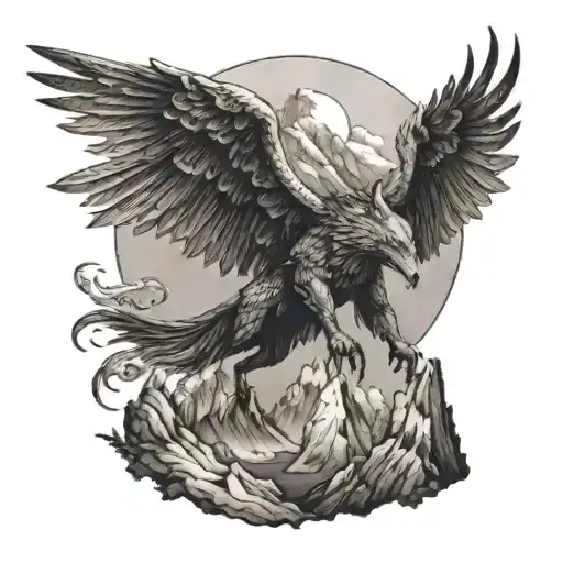 A Mythical Creature With The Body Of A Wolf And Wings Of An Eagle Flying Over A Mountain Range