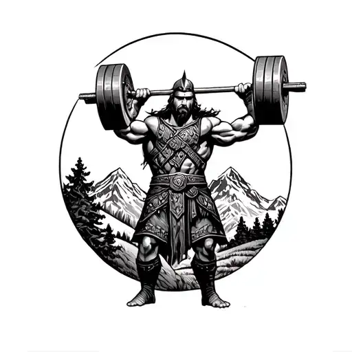 Create A Design Of A Powerful Viking Warrior Doing A Crossfit Workout In A Mountain Landscape