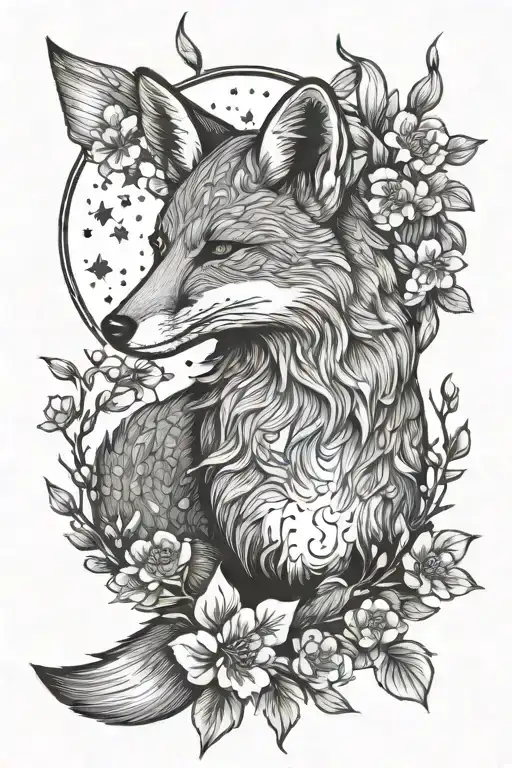 Fox With Moon And Cherry Blossoms