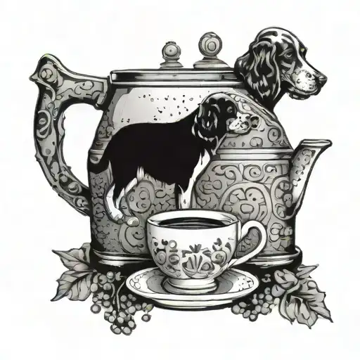 A Dotwork Tattoo Of A Coffee Pot Pouring Into A Cup With A Springer Spaniel Curled Up Next To It
