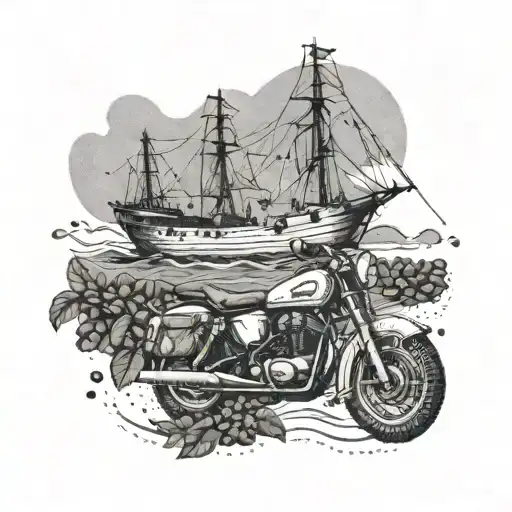 A Dotwork Tattoo Of A Ship Sailing Through A Sea Of Coffee Beans With A Motorcycle On The Deck