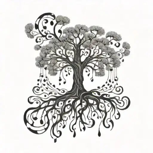 A Dotwork Tattoo Of The Tree Of Souls With Musical Notes Forming The Roots And Branches